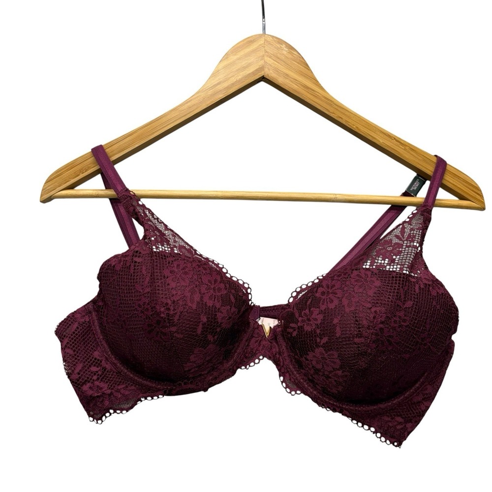 Victoria Secret Womens Bra 38C Burgundy Lace Plunge Underwire Lightly Lined